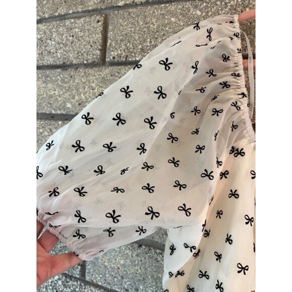 Arula Womens Ivory/Black Puff Sleeve Top With Bow Print Size 2X Polyester Blend - Picture 4 of 9